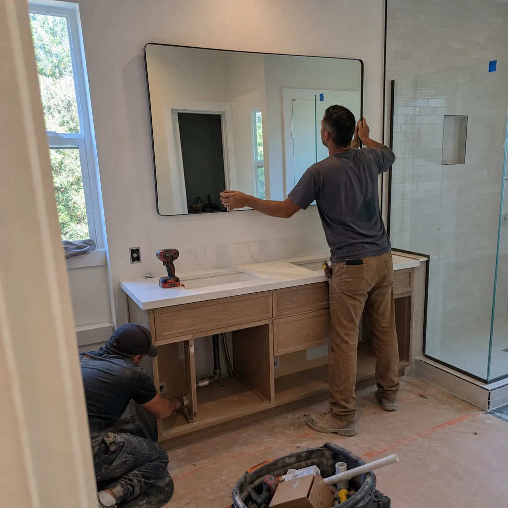 Two contractors working on a modern bathroom remodeling and vanity installation.