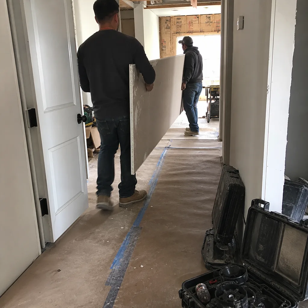Two construction workers carrying a large sheet of drywall during home renovation