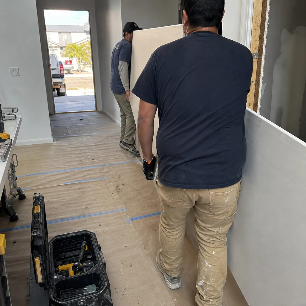 Two general contractors carrying large drywall sheets during home construction.