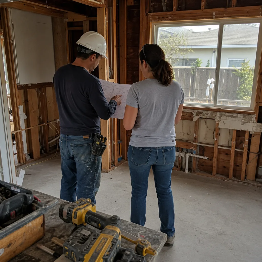 General contractor and client reviewing blueprints at residential renovation site