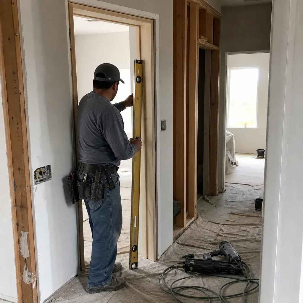 Contractor using a level to install a new door frame. in San Diego, CA