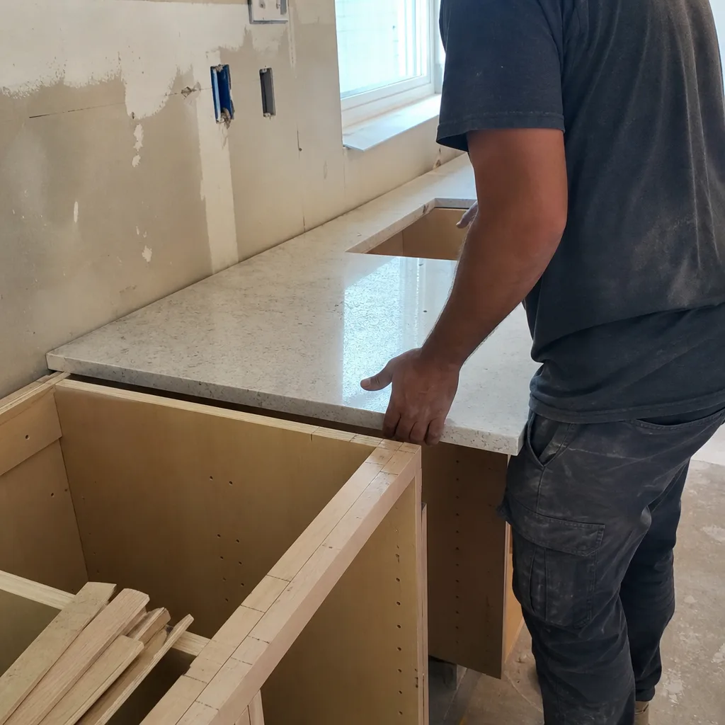 Professional contractor installing a stone countertop for a kitchen remodeling project in San Diego, CA