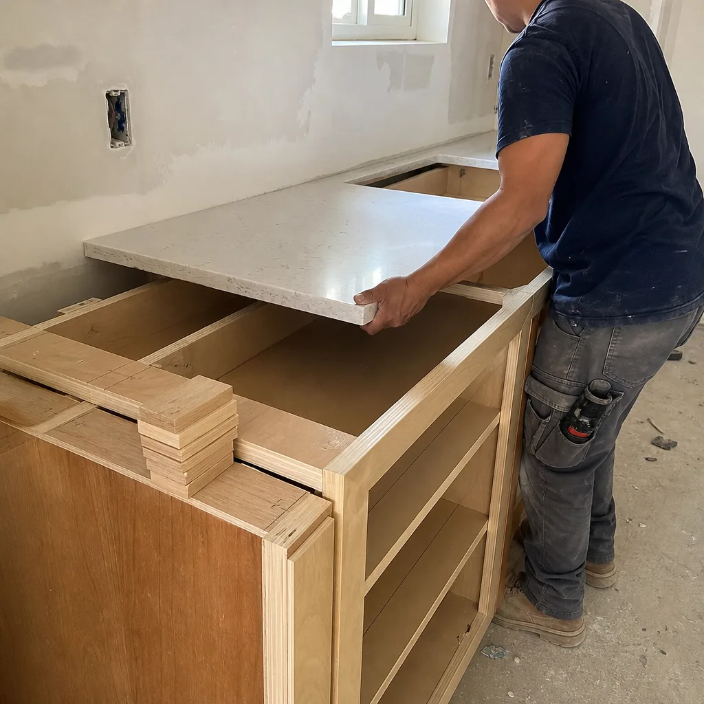 Contractor installing quartz countertop onto unfinished kitchen cabinets during renovation in San Diego, CA