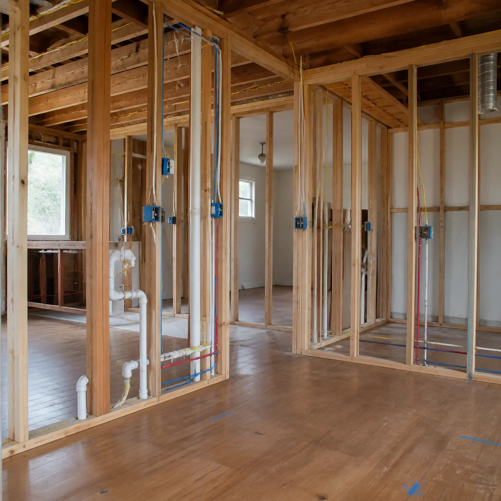 A room opened to the studs with new wiring and plumbing