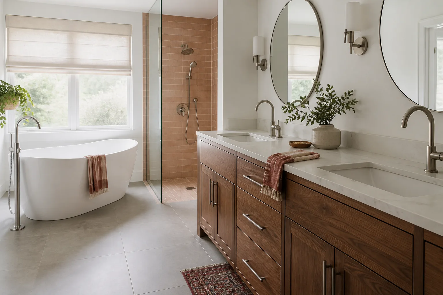 A remodeled primary bathroom with a soaking tub and walk-in shower